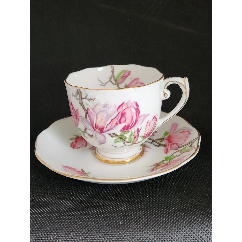 Vintage Roslyn Tea Cup And Saucer Set Magnolia Pattern In Amazing Condition